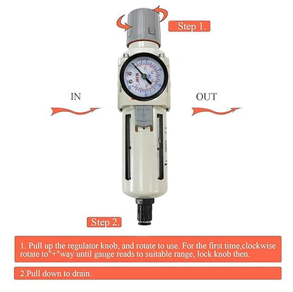 RIH Pneumatics 1/2"NPT Auto Drain Air Filter Pressure Regulator Combo Piggyback, air Pressure Regulator，Water Separator air Compressor(1/2"NPT)