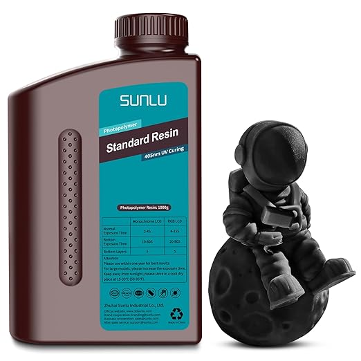 SUNLU 3D Printer Resin 1kg, Fast Curing Standard 3D Resin for LCD DLP SLA Resin 3D Printers, 395 to 405nm UV Curing 3D Printing Liquid Photopolymer Resin, Low Shrinkage, High Precision, 1000g, Black