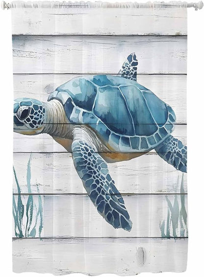 Sheer Curtains 63 Inch Length, Sea Turtle Blue Semi Sheer Curtains Light Filtering Window Treatment, Coastal Ocean Seaweed Wood Grain Privacy Voile Drapes for Living Room Bedroom 52x63 Inch