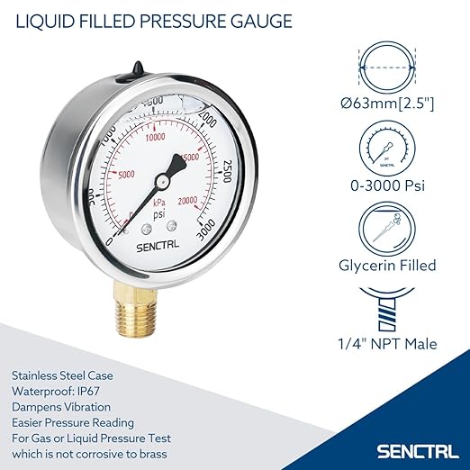 SENCTRL 3000 Psi Glycerin Liquid Filled Hydraulic Pressure Gauge, 2.5" Dial Size, 1/4" NPT Lower Mount, Stainless Steel Case, for Air Gas Water Oil Pressure Test