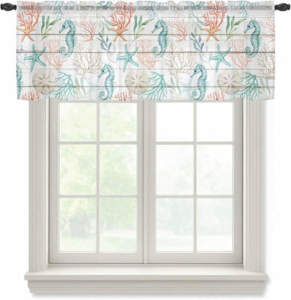 Teal Seahorse Starfish Sheer Valance Curtains, Summer Beach Coral Shell Board Light Filtering Kitchen Valances Rod Pocket Voile Curtain Window Treatment for Bedroom/Living Room/Basement 42Wx12L