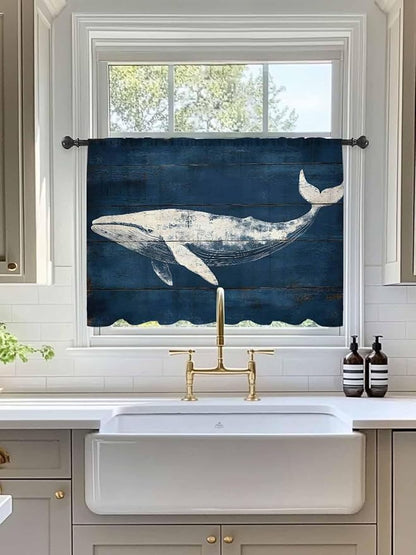 Sheer Curtains 45 Inch Length, Summer Whale Semi Sheer Curtains Light Filtering Window Treatment, Ocean Vintage Wooden Grain Blue Privacy Voile Drapes for Living Room Bedroom 52x45 Inch