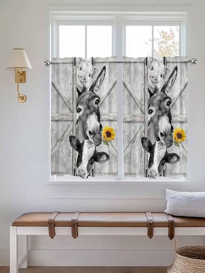 Grey Farmhouse Tier Curtains 45 Inches Long, Vintage Sunflowers Animals Printed Window Treatment Curtain Drapes, Window Half Privacy Curtains for Bedroom Bathroom, 42"x45", 2 Panels