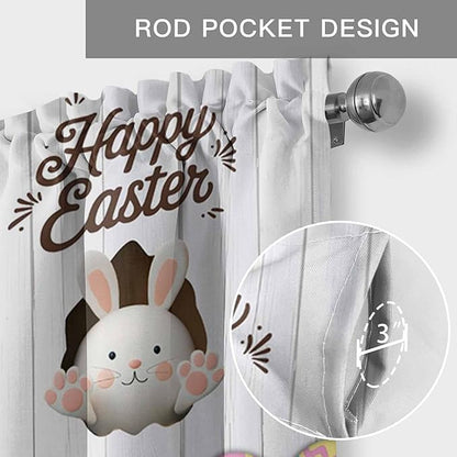 Grey Easter Curtain Valances for Windows, Kitchen Valance Window Treatment, Spring Cartoon Bunny Colorful Eggs Wood Grain Light Filtering Block Curtains for Bathroom/Bedroom/Living Room 42'' x 12''
