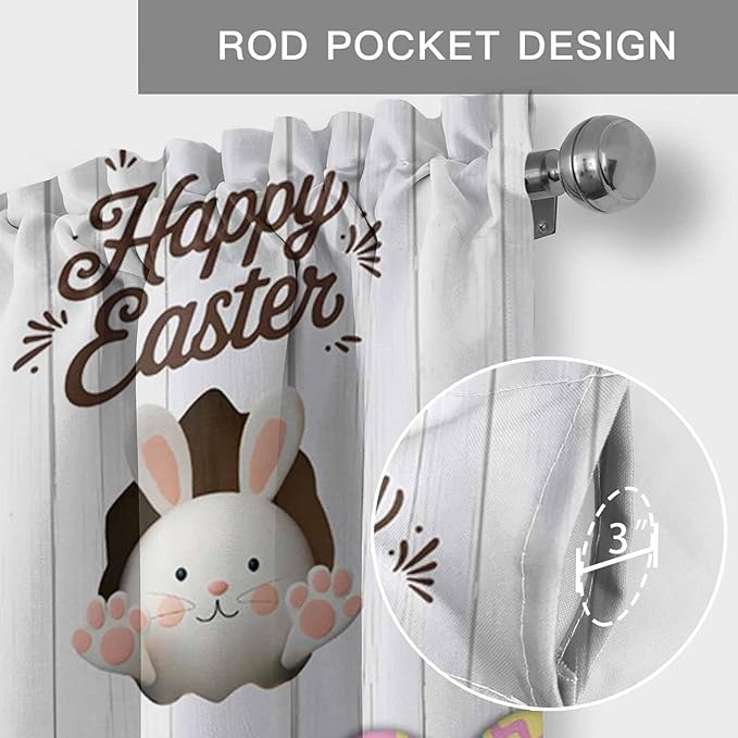 Grey Easter Curtain Valances for Windows, Kitchen Valance Window Treatment, Spring Cartoon Bunny Colorful Eggs Wood Grain Light Filtering Block Curtains for Bathroom/Bedroom/Living Room 54'' x 18''