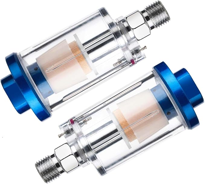 Air Compressor Moisture Separator Filter,For Air Line Compressor Fitting, Clear Glass with Blue Aluminum Cap, 1/4 Inch NPT Connection, 2 Pack