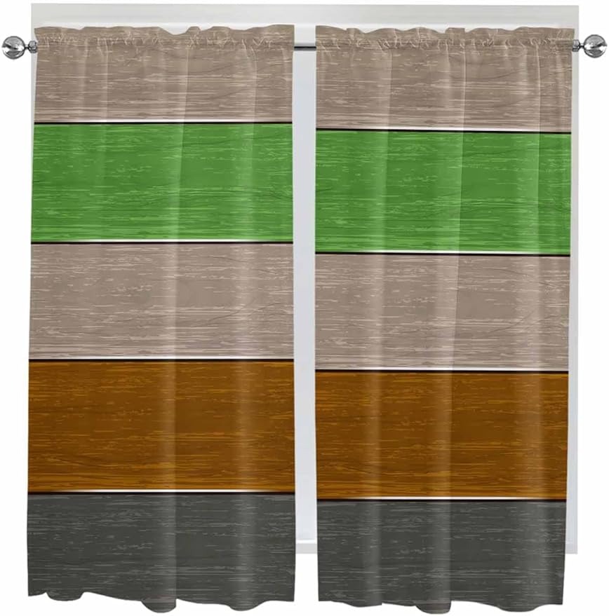 Farm Gray Green Brown Wood Grain Window Valance Curtains, Rustic Wooden Plank Light Filtering Kitchen Valance with 3-inch Rod Pocket for Living Room Bathroom Bedroom,2 Panel,52x72In