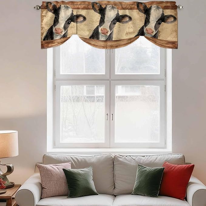 Farmhouse Cow Tie Up Valance Curtains for Windows, Kitchen Curtains Window Shades, Country Vintage Animals Wooden Grain Light Filtering Roman Curtain Valances for Bedroom/Bathroom/Cafe 60"x18"