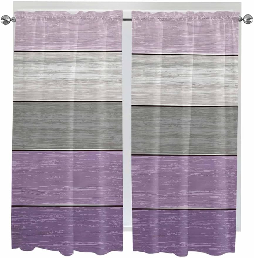 Country Wood Board Gray Purple Window Valance Curtains, Farmhouse Gradient Plank Light Filtering Kitchen Valance with 3-inch Rod Pocket for Living Room Bathroom Bedroom,2 Panel,42x63In