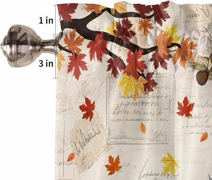 Fall Gnomes Kitchen Curtain Set, Thanksgiving Maple Leaf Rustic Pumpkin Window Valance and Tiers 36" Length, Light Filtering Short Curtains Valance for Cafe Bathroom Bedroom 54"x18"