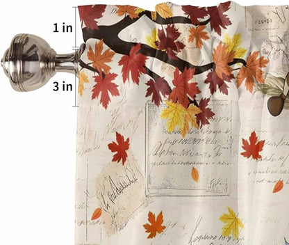 Fall Gnomes Kitchen Curtain Set, Thanksgiving Maple Leaf Rustic Pumpkin Window Valance and Tiers 36" Length, Light Filtering Short Curtains Valance for Cafe Bathroom Bedroom 54"x18"