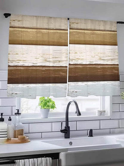 Sheer Curtains 45 Inch Length, Wood Grain Brown Semi Sheer Curtains Light Filtering Window Treatment, Farmhouse Vintage Country Geometric Privacy Voile Drapes for Living Room Bedroom 52x45 Inch