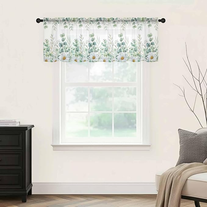Eucalyptus Leaves Daisy Sheer Valance Curtains, Summer Farmhouses Flower Light Filtering Kitchen Valances Rod Pocket Voile Curtain Window Treatment for Bedroom/Living Room/Basement 42Wx18L