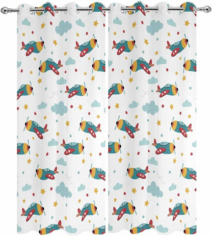 Turquoise Airplane Waterproof Outdoor Curtains for Patio,Windproof Weatherproof Curtains with Weighted Hem,Modern Art Cartoon Aircraft Clouds Light Filtering Privacy Porch Drapes 54"x 108" 2 Panels