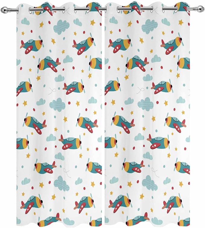 Turquoise Airplane Waterproof Outdoor Curtains for Patio,Windproof Weatherproof Curtains with Weighted Hem,Modern Art Cartoon Aircraft Clouds Light Filtering Privacy Drapes for Porch 54"x 84" 2 Panels
