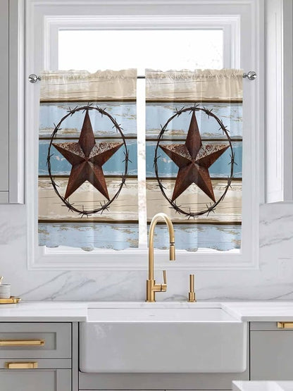 Vintage Western Star on Wood Grain Window Valance Curtains, Retro Wooden Texture Light Filtering Kitchen Valance with 3-inch Rod Pocket for Living Room Bathroom Bedroom,2 Panel,42x54In