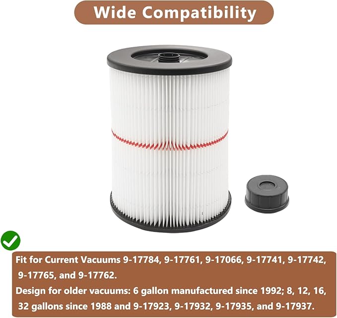 17816 Filter for Craftsman Shop Vac Filter 9-17816 Wet/Dry Air Filter fit 5 6 8 12 16 Gallon Vacuum Cleaner, CMXZVBE38749 Vacuum Bags for Craftsman Shop Vac 16 to 20 gallon Dust Collection Bags