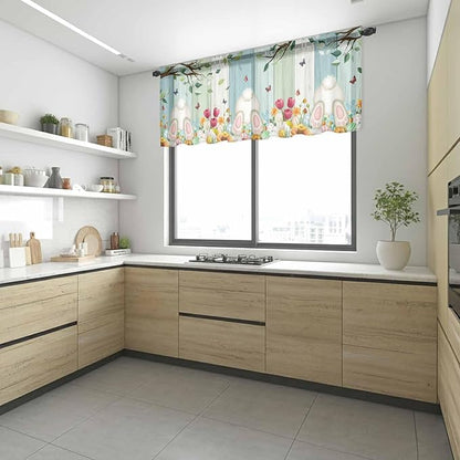 Easter Sheer Valances for Windows 60"x18", Light Filtering Kitchen Curtains Valance, Spring Watercolor Eggs Country Tulip Wooden Grain Rod Pocket Chiffon Curtains for Living Room Bedroom Cafe