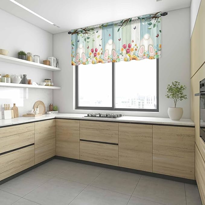 Easter Sheer Valances for Windows 42"x18", Light Filtering Kitchen Curtains Valance, Spring Watercolor Eggs Country Tulip Wooden Grain Rod Pocket Chiffon Curtains for Living Room Bedroom Cafe