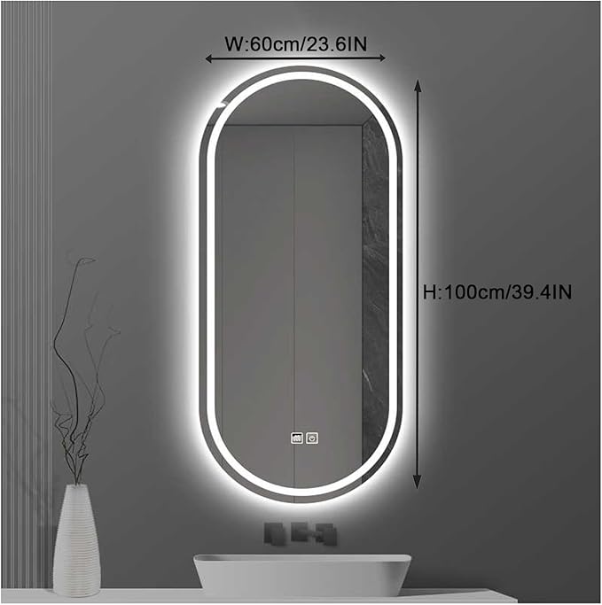 Bathroom Led Mirror ，Bathroom Mirror with LED Lights，LED Mirror for Bathroom，Backlit Bathroom Mirror ，with Touch Sensor/Demister pad，Shatterproof，Adjustable Lights(A,H100*W60cm/H39.4*W23.6IN)