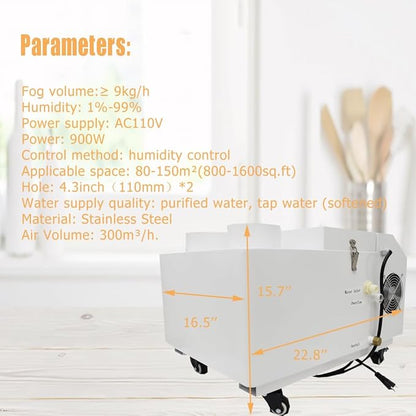 Industrial Ultrasonic Humidifier Cooler Sprayer 9kg/h Portable Continuous Cool Mist Maker Humidifier Commercial with Humidistat and Remote Sensor for Greenhouse Large Room