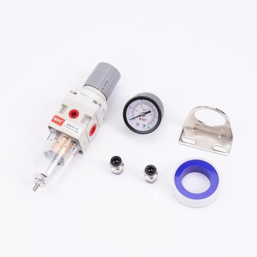 RIH 1/4" NPT Compressed Air Filter Regulator Combo Piggyback, 5 Micron Brass Element, Poly Bowl, Semi-Auto Drain, Metal Bracket, 0-150 psi Gauge Air Tool Compressor Filter with Gauge (1/4" NPT)