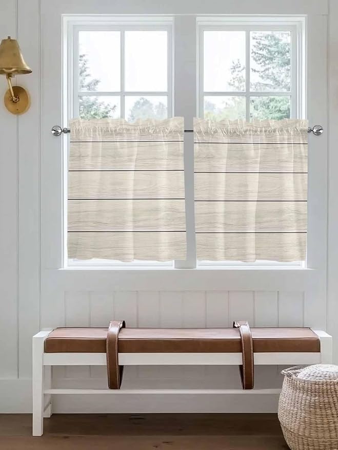 Vintage Country Wooden Board Window Valance Curtains, Gradient Wood Grain Line Light Filtering Kitchen Valance with 3-inch Rod Pocket for Living Room Bathroom Bedroom,2 Panel,27.5x36In
