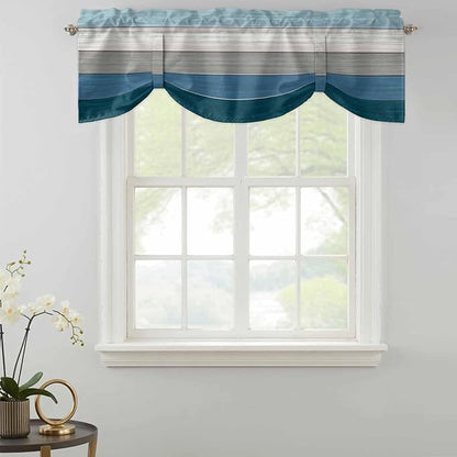 Blue Ombre Wooden Tie Up Valance Curtains for Windows, Kitchen Curtains Window Shades, Farmhouse Retro Wood Gradient Light Filtering Roman Curtain Valances for Bedroom/Bathroom/Cafe 42"x12"