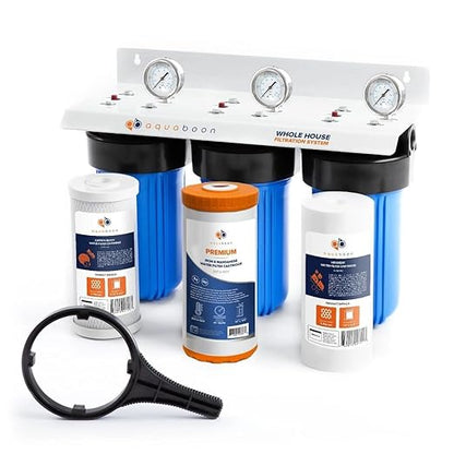 Aquaboon 3-Stage Water Filter System for Well Water with 5 Micron 10x4.5 Water Purification Reducing Sediment, Carbon Chlorine Reduction and Iron & Manganese Filters, Pressure Gauges, Iron Bracket