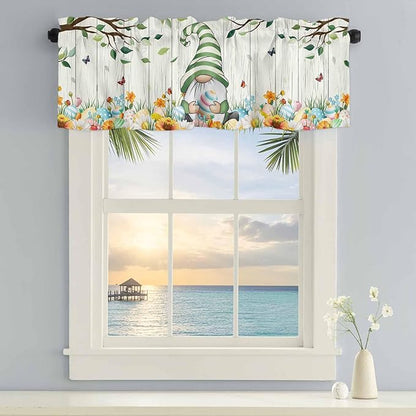 Easter Gnomes Curtain Valances for Windows, Kitchen Valance Window Treatment, Spring Watercolor Eggs Flower Wood Grain Light Filtering Block Curtains for Bathroom/Bedroom/Living Room 60'' x 18''