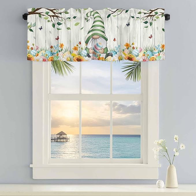 Easter Gnomes Curtain Valances for Windows, Kitchen Valance Window Treatment, Spring Watercolor Eggs Flower Wood Grain Light Filtering Block Curtains for Bathroom/Bedroom/Living Room 42'' x 18''