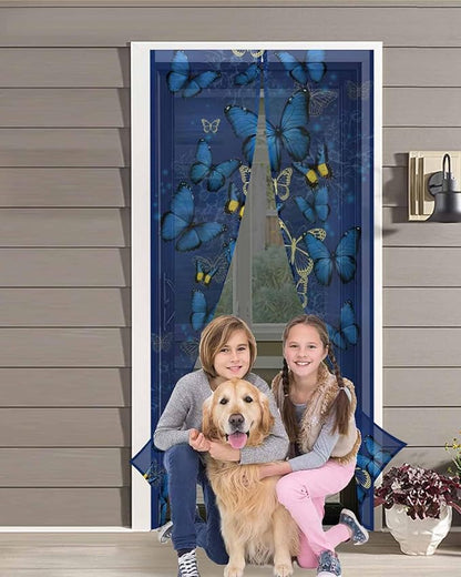 Screen Door 38"x83" Blue Butterfly Door Screen Magnetic Closure, Yellow Navy Blue Butterfly Art Hands Free Magnetic Screen Door for Single/Sliding/Front Door