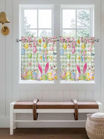 Happy Easter Half Window Curtain 36 Inches Long, Spring Bunny Eggs Flower Sage Green Plaid Window Treatment Curtain Drapes, Small Tier Curtains for Bathroom Over Sink, 27.5"x36", 2 Panels