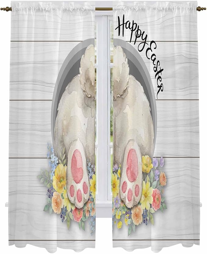 Easter Bunny Window Curtains 72 Inch Long 2 Panel Set,Rod Pocket Long Curtains & Drapes,3D Optical Illusion Farmhouse Flower Wood Grain Light Filtering Window Treatment for Bedroom 52"W x 72"L