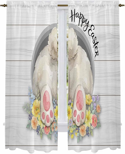 Easter Bunny Window Curtains 72 Inch Long 2 Panel Set,Rod Pocket Long Curtains & Drapes,3D Optical Illusion Farmhouse Flower Wood Grain Light Filtering Window Treatment for Bedroom 52"W x 72"L