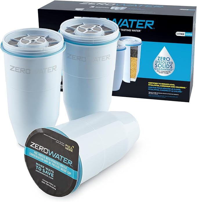 ZeroWater Official Replacement Filter - 5-Stage 0 TDS Filter Replacement - System IAPMO Certified to Reduce Lead, Chromium, and PFOA/PFOS, 3-Pack