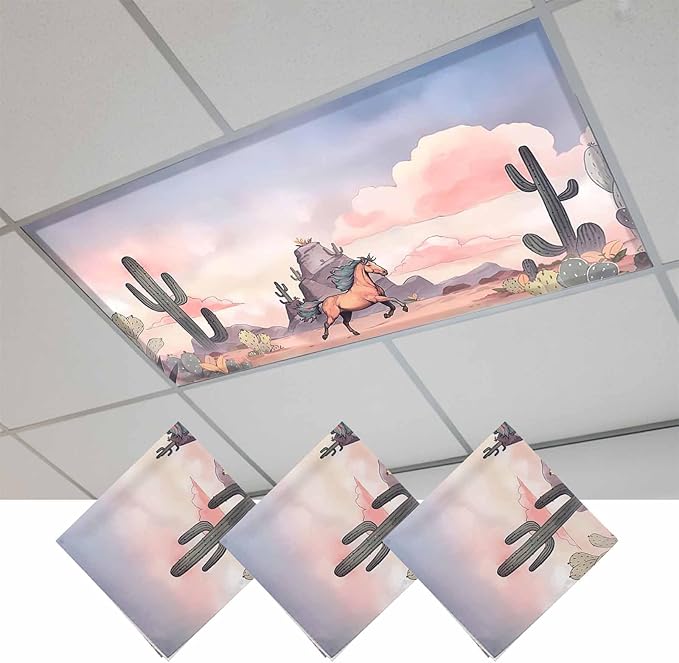 Fluorescent Light Covers for Drop Ceiling Watercolor Running Horse Cactus Magnetic Light Filters, Desert Hill Ombre Sky Ceiling Shade Filters for Home Classroom Office,2x4 ft,3Packs