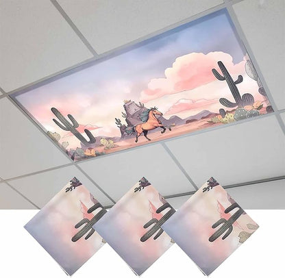 Fluorescent Light Covers for Drop Ceiling Watercolor Running Horse Cactus Magnetic Light Filters, Desert Hill Ombre Sky Ceiling Shade Filters for Home Classroom Office,2x4 ft,3Packs