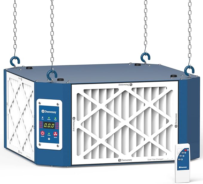 360° Woodshop Air Filtration System Woodworking - 1050/1350 CFM, Built-in Ionizer, with Strong Vortex Fan, Shop Air Filtration for Garage, Works Shop, Dust Collectors System, KMF12D, Blue