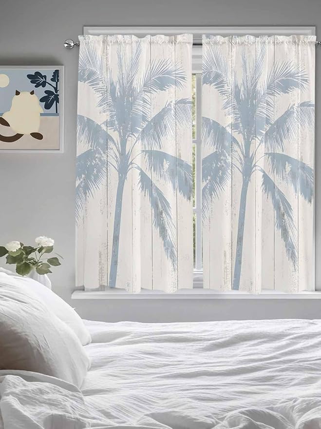 Summer Coconut Tree on Vintage Wood Grain Window Valance Curtains, Seaside Plants Light Filtering Kitchen Valance with 3-inch Rod Pocket for Living Room Bathroom Bedroom,2 Panel,42x63In