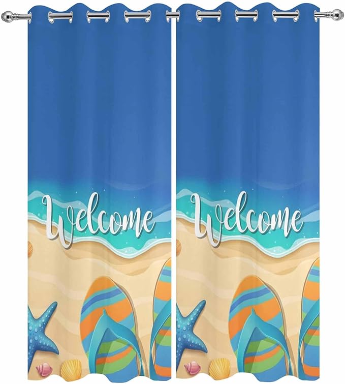 Summer Outdoor Curtains for Patio Beach Slippers Plumeria Waterproof Outside Curtains with Grommet Top Weatherproof Curtain for Cabana Pergola Gazebo, 2 Pack, 54" W x 84" L