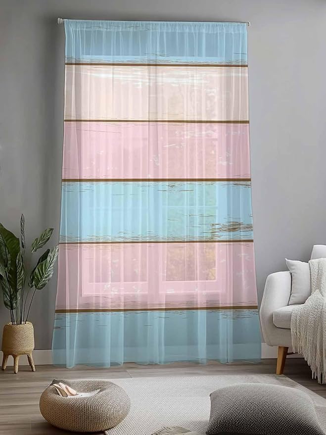 Sheer Curtains 96 Inches Long, Pink Blue Wood Grain Semi Sheer Curtains Light Filtering Window Treatment, Farmhouse Country Shabby Striped Privacy Voile Drapes for Living Room Bedroom 52x96 Inch