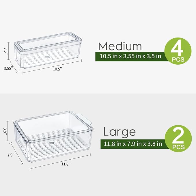 6 Pack Fridge Organizer, Stackable Refrigerator Organizer Bins with Lids, BPA-Free Fridge Organizers and Storage Containers for Fruit, Vegetable, Food, Drinks, Cereals, Clear