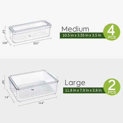 6 Pack Fridge Organizer, Stackable Refrigerator Organizer Bins with Lids, BPA-Free Fridge Organizers and Storage Containers for Fruit, Vegetable, Food, Drinks, Cereals, Clear