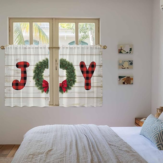 Christmas Wreaths Kitchen Tier Curtains 45 Inch Long 2 Panel Set,Rod Pocket Short Window Treatment,Winter Bow Plaid Farmhouse Wooden Grain Curtains & Drapes for Bathroom Basement 27.5"W x 45"L