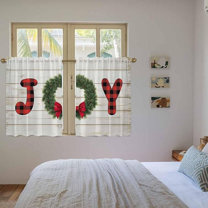 Christmas Wreaths Kitchen Curtains 54 Inch Long 2 Panel Set,Rod Pocket Window Curtains Panels,Winter Bow Plaid Farmhouse Wooden Grain Light Filtering Drapery Draperies for Bathroom Bedroom 52"W x 54"L