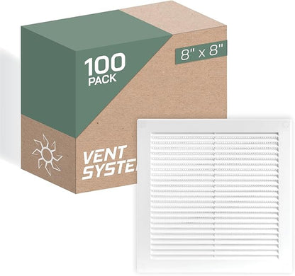 Vent Systems 10'' x 10'' Inch White Soffit Vent Cover - Pack of 100 - Flat Square Air Vent Louver - Grille Cover - Built-in Insect Screen - HVAC Vents for Bathroom, Home Office, Kitchen 10x10 Inch