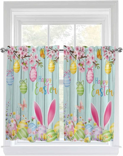 Happy Easter Kitchen Curtains 54 Inches Length, Spring Bunny Eggs Flower Teal Wood Grain Window Treatment Curtain Drapes, Thermal Insulated Drapes for Basement Hotel RV, 42"x54", 2 Panels
