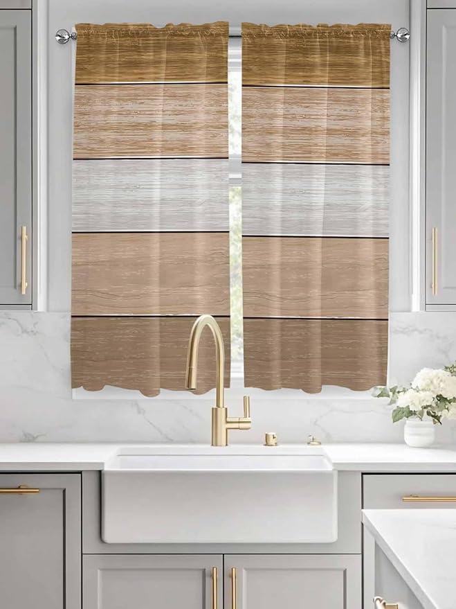 Retro Farm Wood Board Window Valance Curtains, Brown Graduality Striped Light Filtering Kitchen Valance with 3-inch Rod Pocket for Living Room Bathroom Bedroom,2 Panel,42x63In