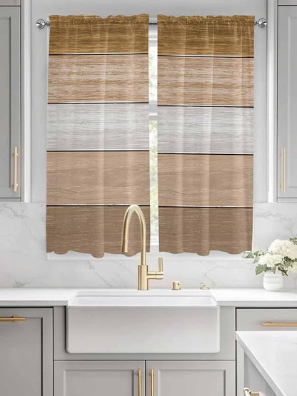 Retro Farm Wood Board Window Valance Curtains, Brown Graduality Striped Light Filtering Kitchen Valance with 3-inch Rod Pocket for Living Room Bathroom Bedroom,2 Panel,42x63In